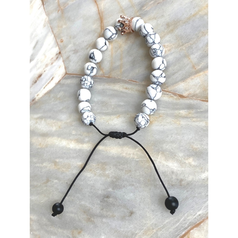 White Howlite Marble Bead‎ Bracelet Rose Gold Crystal Crown Adjustable Cord